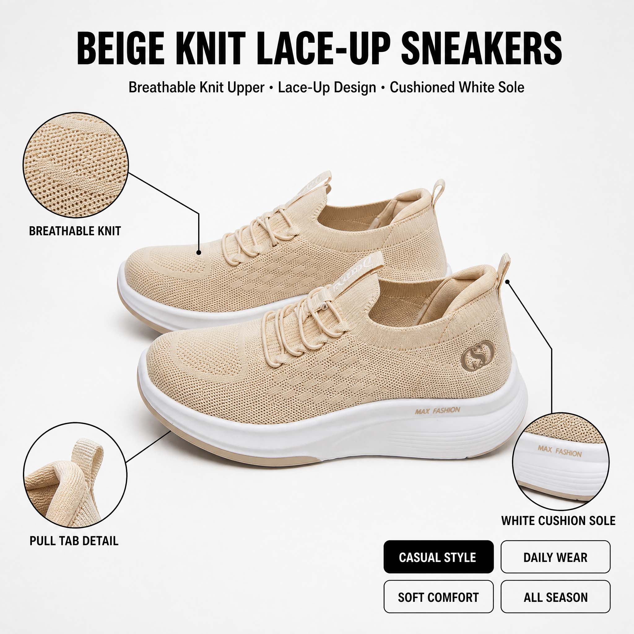 Knit Fabric Lace Up Sneakers - Kadın Örgü Platformlu Yürüyüş Ayakkabıları, Nefes